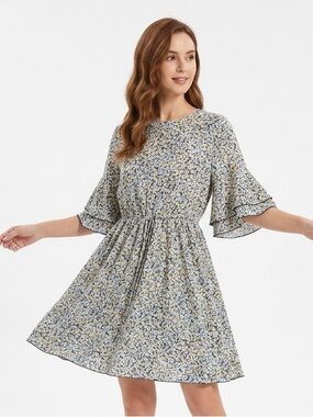 Floral Tiered-Sleeve A-Line multicolor Sun Dress